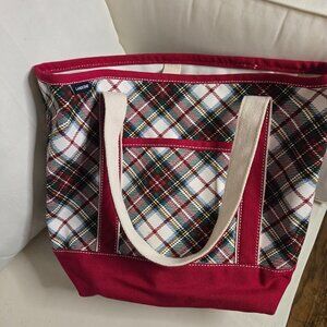 Lands’ End Canvas Holiday Plaid Tote – Red Trim – Classic Boat & Tote Style